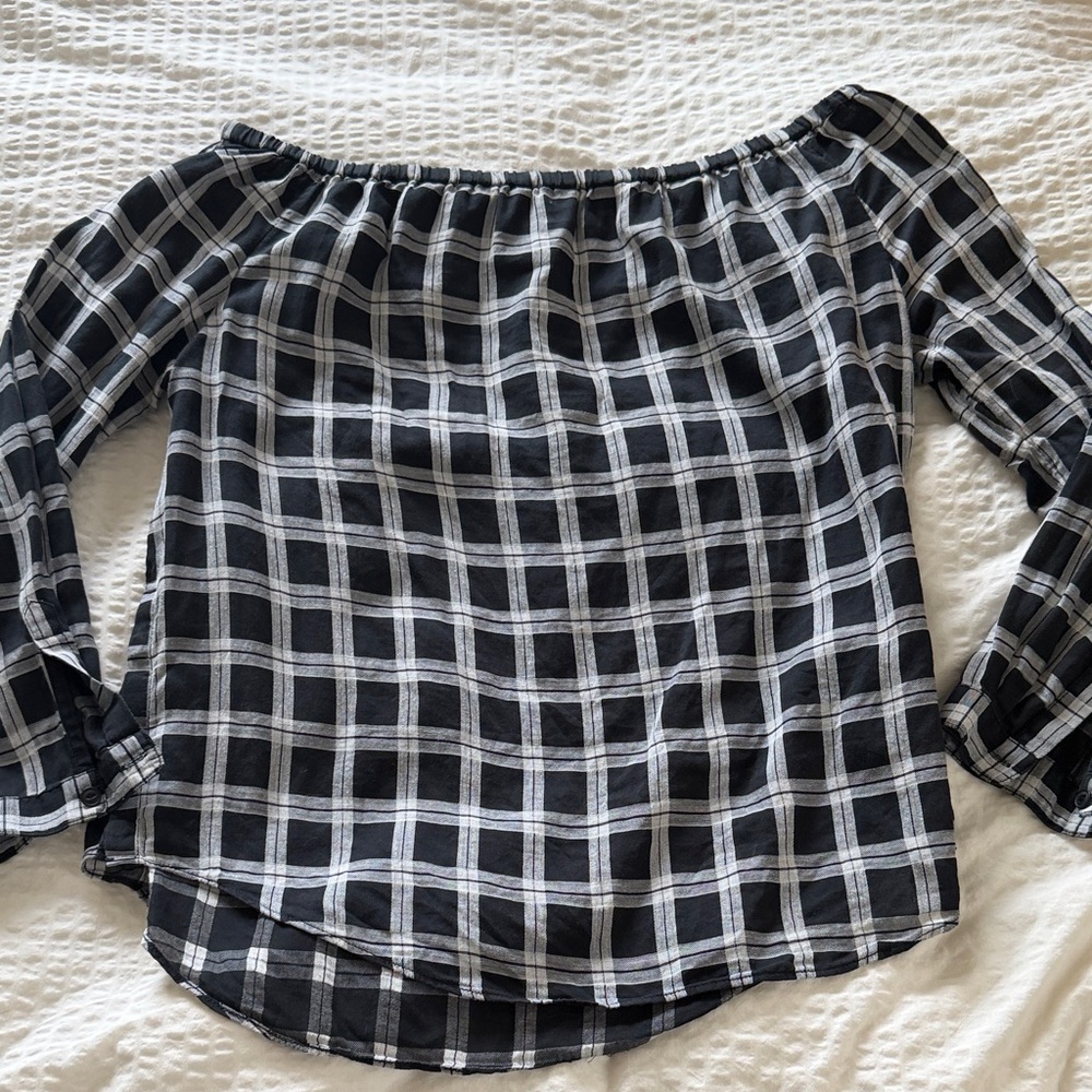 rag & bone Black and White Checkered Off-Shoulder Blouse